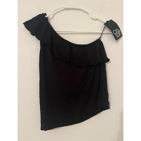 Chaser One Shoulder Ruffle Top In True Black NEW - Picture 3 of 6